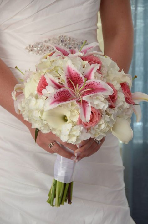 White Hydrangea, white Calla Lilies, Stargazer lilies, & coral roses Stargazer Lily Wedding Bouquet, Stargazer Lily Wedding, Stargazer Lily Bouquet, Calla Lily Bridal Bouquet, Lily Bridal Bouquet, White Calla Lilies, Calla Lily Bouquet Wedding, Hydrangea White, Hydrangea Bouquet Wedding