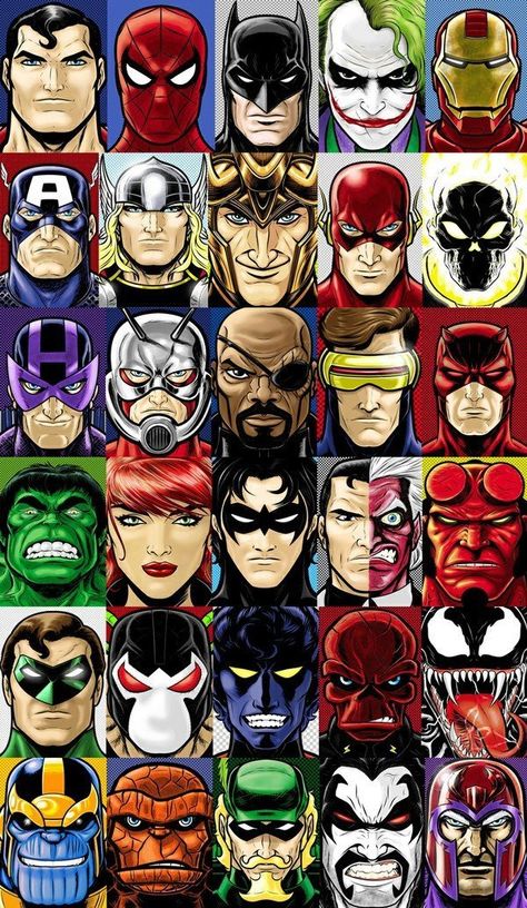 DC Vs Marvel - Faces Avengers Comic Art, Super Hero Art, Marvel Heroes Comics, Dc Cartoon, Hulk Poster, New Cartoons, Marvel Cartoon, Poster Marvel, Comic Superhero