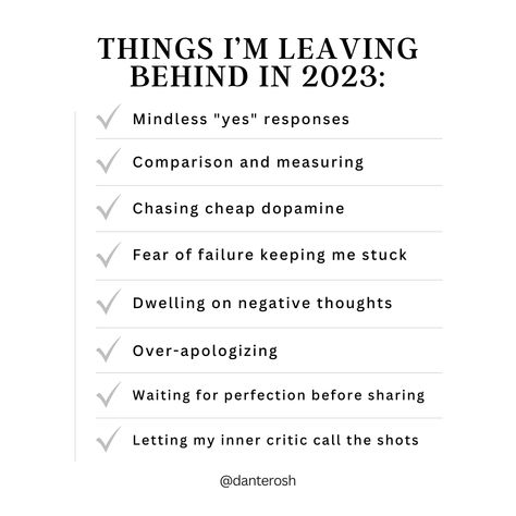 The end of the year is a great time for reflection… To ask yourself: 👍🏼 What worked, and went well this year? 🌱 How did you grow? ♻️ How did you change? 👎🏼 And… what is no longer serving you? Working for you? 🚫 What are some things (beliefs, habits, mindsets) that you’d like to leave in 2023? Comment below with something you’re ready to leave behind! ✌🏼 #newyearnewme #goodbye2023 #hello2024 #newyearsresolutions #peoplepleasing #cheapdopamine #fearoffailure #shiftyourmindset Things To Leave In 2023, Things To Leave Behind In 2023, 2024 Resolutions, Hello 2024, Resolution Quotes, Mindset Coach, Im Leaving, Inner Critic, New Year New Me