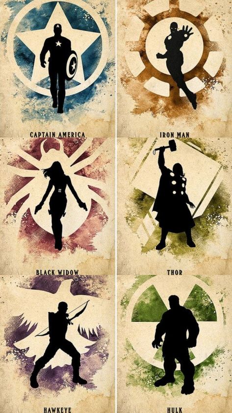 Avengers Og 6, Avengers Art Painting, Avengers Painting Ideas, Marvel Silhouette, Avengers Painting, Superhero Silhouette, Original Six, Arte Nerd, Marvel Background