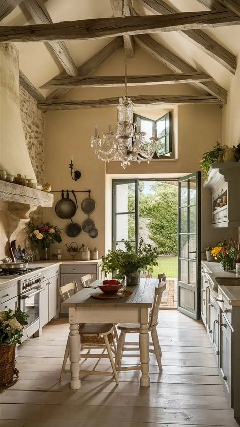 French Countryside Kitchen, French Country Cottage Kitchen, Boho Dining Room Decor, French Cottage Kitchen, French Country Kitchen Decor, Coastal Cottage Living Room, French Country Kitchen Ideas, Organic Modern Dining Room, French Style Kitchen