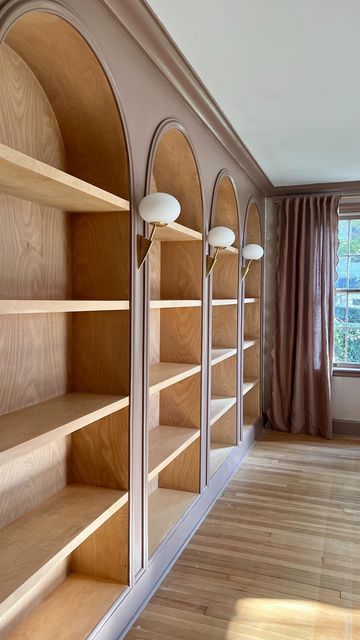 Wood Wall Molding, Built In Bookshelves With Sconces, How To Build A Bookshelf Wall, Built In Floor To Ceiling Bookshelves, Wooden Built In Bookshelves, Birch Bookshelf, Build In Bookshelves Living Room, Arched Bookshelf Built Ins, Small Library Room Ideas Bookshelves