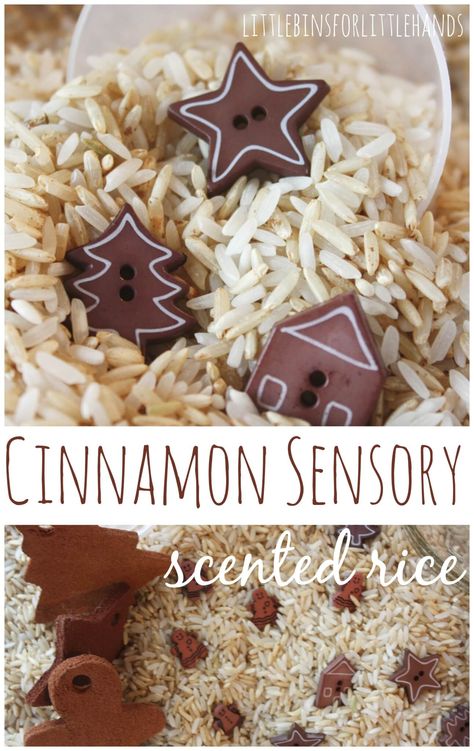 Cinnamon sensory scented rice! A great sensory bin for toddlers and preschoolers in the holiday season! Winter Sensory Bin, Sensory Bin Play, Sensory Rice, Gingerbread Activities, Sensory Tubs, Cadeau Parents, Toddler Sensory, Sensory Boxes, Sensory Table