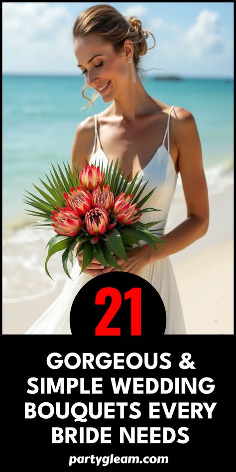 21 stunning wedding bouquets are waiting for you to discover. Whether you're a fan of tropical flavors or classic florals, we have something for every bride-to-be. From simple dogwood arrangements to extravagant blooms featuring tropical proteas and palm leaves, these bouquets will complement any wedding theme. Prepare for your special day with tips on how to select and arrange the perfect flowers that’ll make your big day unforgettable. Don’t miss the chance to find the bouquet that feels uniquely yours! Beach Wedding Flower Bouquets, Bridal Bouquet Beach Wedding Simple, Fresh Flower Bouquet For Bride, Beach Wedding Flowers Tropical Bridal Bouquets, Hawaiian Bridal Bouquet, Beach Wedding Flowers Bouquet, Beach Wedding Bouquet, Tropical Bridal Bouquet, Simple Wedding Bouquets