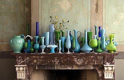 Beautiful shapes and colors..... The Mantle, Green Glass Vase, Green Vase, Displaying Collections, The Fire, Green Glass, Glass Collection, Colored Glass, Bottles Decoration