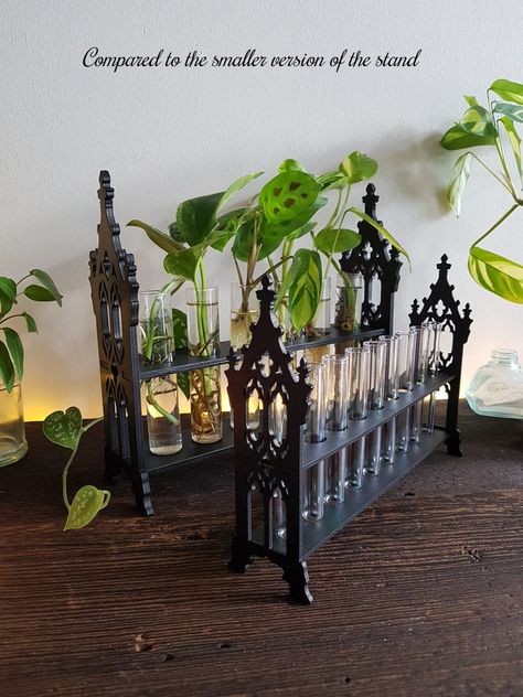 Gothic Plant Stand, Witchy Vibe Room, Whimsy Gothic Decor, Halloween Test Tube Decor, Witchcore Home Decor, Gothic Plant Decor, Earthy Gothic Decor, Goth Patio, Gothic Garden Aesthetic