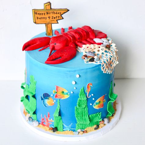 Lobster Cake Salmon Birthday Cake, Lobster Birthday Cake, Lobster Birthday Party, Lobster Birthday, Lobster Cakes Birthday, Crab Themed Cake, Lobster Cake, Cake Decorating Classes, Bakery Cakes