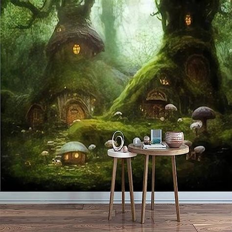 3D Modern Canvas Wallpaper Mural Wonderful Fairy Tale House a a Magical Morning Forest A Forest Fairy Peel and Stick Removable Self Adhesive Wall Stickers for Living Room Kids Bedroom Home Decor Enchanted Forest Wall Mural, Baby Room Mural Ideas, Enchanted Forest Mural, Fairy Mural, Fairy Tale House, Morning Forest, Canvas Wallpaper, Fairytale Forest, Basement Playroom