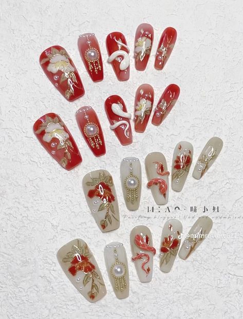 Cny 2025 Nails, Chinese New Year Snake Nails, Cny Nails Snake, Chinese New Year Nails 2025, Year Of Snake Nails, Lunar New Year Nails 2025, Nail Designs Chinese New Year, Cny Nails 2025, Lunar New Year Nails Snake