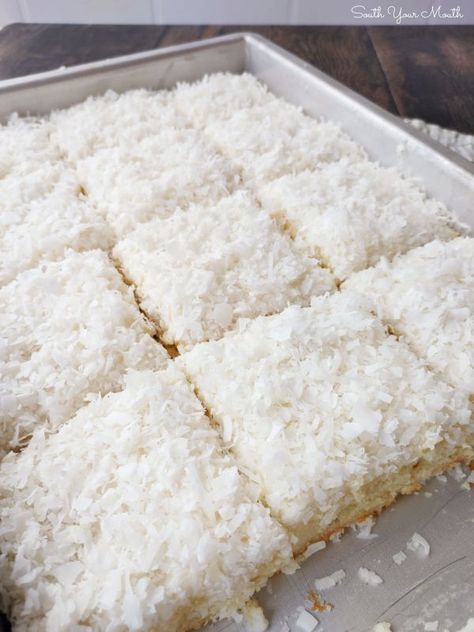 Coconut Sheet Cake | South Your Mouth | Bloglovin’ Coconut Sheet Cake With Cream Of Coconut, Very Moist Coconut Sheet Cake, Caramel Texas Sheet Cake, Coconut Texas Sheet Cake Recipe, Small Coconut Cake, Simple Coconut Cake, Sheet Pan Cakes Recipes, Easy Coconut Cake Recipe Simple, White Coconut Cake Recipes