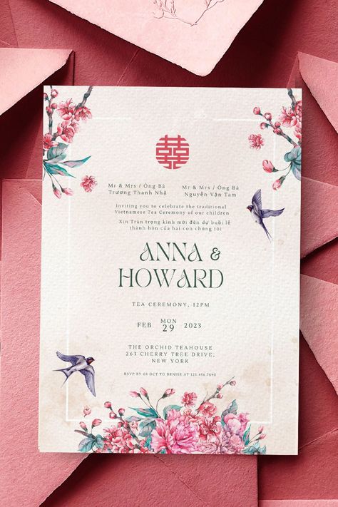 Vietnam Wedding Invitation, Wedding Ceremony Invitation Card, Painted Invitations Wedding, Wedding Invitations Vietnamese, Wedding Invitations Korean, Japan Wedding Invitation, Japanese Invitation Design, Japanese Card Design, Bilingual Wedding Invitation