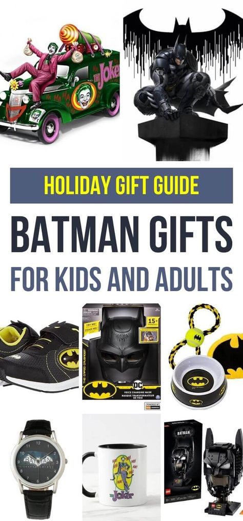 This epic gift guide features all the best Batman gifts for kids and adults. There are toy and non-toy gift ideas for birthdays, Christmas and other celebrations! Personalized Batman gifts and vintage Batman gifts for fans of the Caped Crusader! #giftguide #batmangifts #dynamicduo #thejoker #batmanandrobin #catwoman Gifts For Batman Lovers, Batman Gifts For Men, Batman Gift Ideas, Batman Gifts, Movie Gifts, Vintage Batman, Non Toy Gifts, Caped Crusader, Batman And Robin