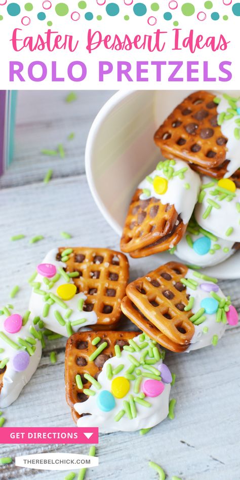 Springtime Easter Rolo Pretzels Dessert Recipe Pretzels Dessert, Easter Pretzel, Easter Dessert Table, Rolo Pretzels, Easter Cookie Recipes, Pretzel Desserts, Pretzel Bites Recipes, Pretzel Treats, Spring Recipes Dessert