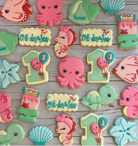 #onederthesea #firstbirthdayparty #seabirthday #firstbirthdayideas #firstbirthdaycookies #seacookies One Der The Sea, First Birthday Cookies, Sea Birthday, Birthday Cookies, Sugar Cookies, 1st Birthday, The Sea, Birthday