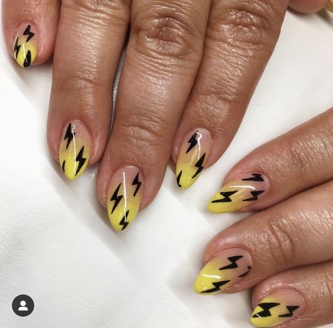 Okc Thunder Nails, Lineman Nails, Lightning Nails Designs, Lightning Bolt Nail Art, Lightening Bolt Nail Design, Nails With Lightning Bolt, Lightening Nails, Lightning Nail Art, Lighting Nails