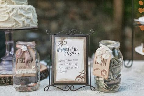 Whoever gets the most money gets cake in the face!! Rustic Country Wedding Ideas, Greenery Boutonniere, Diy Greenery, Country Wedding Ideas, Cake Jars, Diy Boutonniere, Wedding Jars, Tan Wedding, Honeymoon Fund