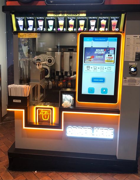 Boba Vending Machine, Tea Vending Machine, Vending Machine Design, Gerobak Dorong, Office Design Inspiration, Cozy Coffee Shop, American Diner, Cozy Coffee, Vending Machines