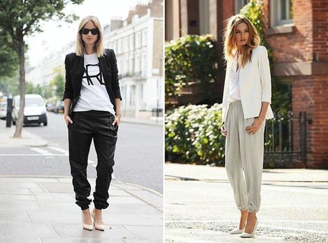 Dress up a pair of joggers with a blazer. Joggers Outfit Women, How To Wear Joggers, Full Closet, Sporty Pants, Office Chic, Joggers Outfit, Pretty Blouses, Fashion Joggers, Blazer Outfits