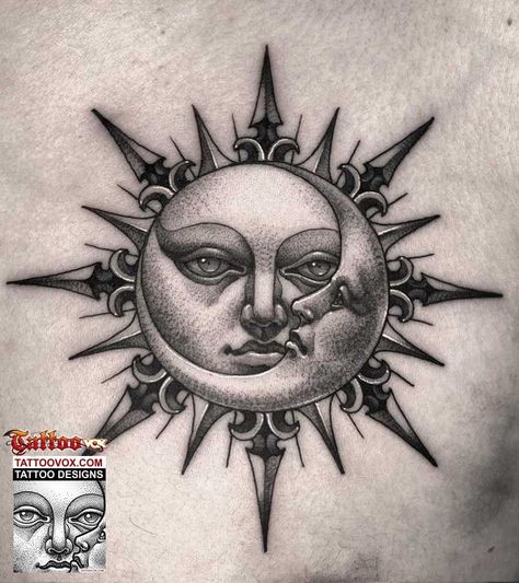 Chest Tattoo Designs For Men, Sun And Moon Tattoo Design, Grinch Tattoo Ideas, Grinch Tattoo, Fusion Studio, Moon Sun Star, Tattoo Designs Unique, Moon Sun Tattoo, Omerta Tattoo Design