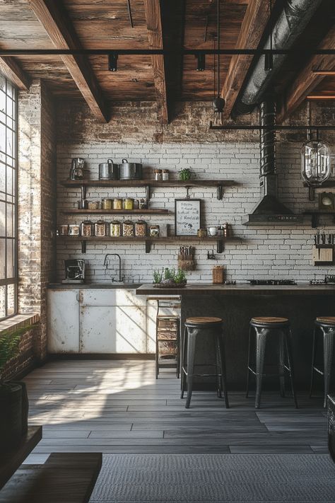 ♥ Are you looking for inspiration to create a cozy industrial kitchen design in a small space? 🏙️ Check out this rustic urban kitchen with stainless steel open shelves and concrete countertops. Perfect for those who love modern industrial decor! #IndustrialKitchen #RusticDesign #UrbanDecor #SmallSpaces 🍽️✨ Nyc Loft Kitchen, Industrial Open Kitchen, Industrial Kitchen Decor Ideas, Grey Brick Kitchen, Industrial Interior Design Kitchen, Small Industrial Kitchen, Modern Industrial Kitchen Design, Kitchens With Concrete Countertops, Industrial Loft Kitchen