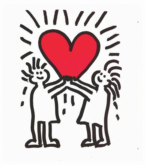 simple drawing of two people holding up an oversized heart, in the style of Keith Haring on a white background. The characters should be stylized and minimalistic with bold lines and exaggerated features typical of his work. Emphasize simplicity over detail to reflect both the essence and whimsy associated with love and happiness. --v 6 Minimalist People Drawing, Drawing Of Two People, Minimalist People, Love And Happiness, Keith Haring, Two People, Drawing People, Easy Drawings, White Background