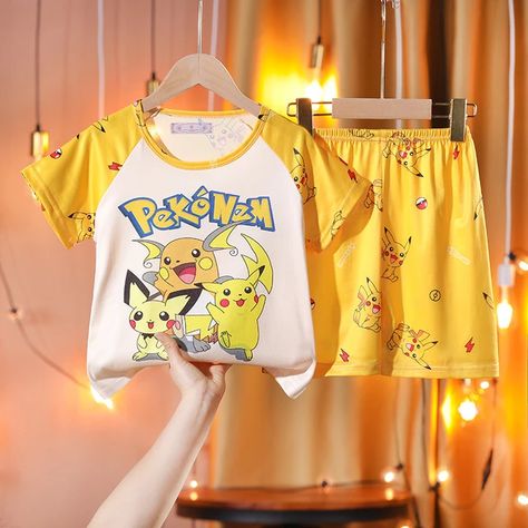 Pikachu-Conjunto de pijamas para niños y niñas, ropa de dormir de manga corta de Pokémon, para el hogar _ - AliExpress Mobile Childrens Pyjamas, Boys Sleepwear, Comfortable Pajamas, Winter Pajamas, Pokemon Pikachu, Kids Fashion Clothes, Family Christmas Pajamas, Kids Clothes Boys, Summer Boy