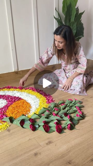 Unique Flower Rangoli, Unique Flower Rangoli Designs, Flower Rangoli For Diwali Festivals, Peacock Flower Rangoli, Rangoli Flowers Designs Ideas, Beautiful Rangoli Designs Peacock, Diwali Flower Decorations At Home, Rangoli Designs For Diwali 2024, Floral Rangoli Designs Diwali