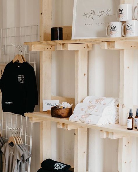 The Shop | Church Merch Design + display inspiration from @legacyhouse.life #prochurchmedia Church Merch Display, Church Merch Ideas, Merchandise Display Ideas, Merch Wall, Merch Display, Church Bathroom, Merch Booth, Makers Space, Merch Inspiration