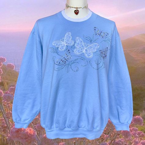 y2k butterfly crewneck ☽༓･*˚⁺‧͙ lace trim floral... - Depop Butterfly Crewneck, Y2k Butterfly, Grunge Fairy, Gold Bridal Earrings, Periwinkle Blue, Boho Hippie, Bridal Earrings, Hat Hairstyles, Lana Del Rey