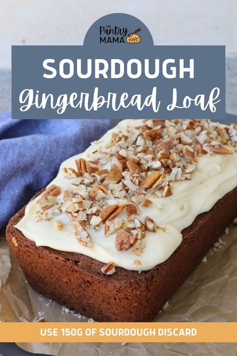 This moist sourdough gingerbread cake is full of warming gingerbread spices and uses 150g of sourdough starter. Topped with vanilla frosting. Sourdough Gingerbread, Ginger Bread Loaf, Sour Bread, Gingerbread Loaf Cake, Pantry Mama, Sourdough Ideas, Gingerbread Loaf, Recipe Using Sourdough Starter, Vanilla Cream Cheese