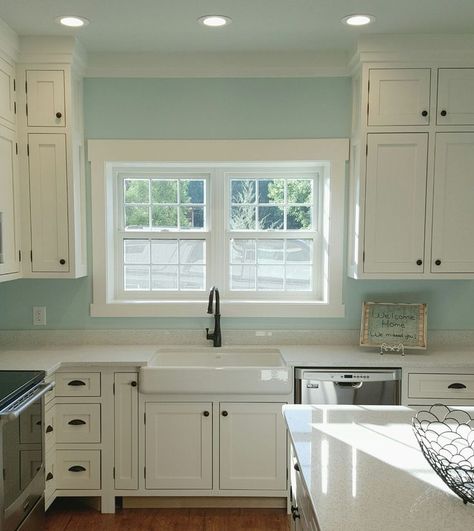 white cabinets blue walls - Yahoo Image Search Results Light Blue Kitchen Walls White Cabinets, Blue Walls White Cabinets Kitchen, Pale Blue Kitchen Walls, Blue Kitchen Walls White Cabinets, White Cabinets Blue Walls, Kitchen With Blue Walls, Light Blue Kitchen Walls, Rustic Hardwood Floors, Best Blue Paint Colors