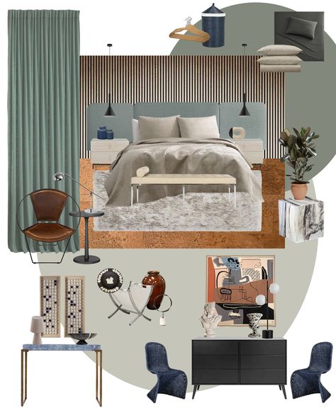 Master's Bedroom Interior Design, Residence Mood Board, Mood Board For Bedroom Interior, Mood Board Of Bedroom, Master Mood Board, Room Mood Board Bedrooms, Mood Boards For Bedrooms, Bedroom Interior Mood Board, Mid Century Modern Bedroom Mood Board