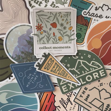 Outdoorsy Car Aesthetic, Nature Stickers Aesthetic, Granola Stickers, Outdoorsy Illustration, Camping Aesthetic Wallpaper, Earthy Stickers, Outdoorsy Stickers, Outdoors Stickers, Aesthetic Adventure