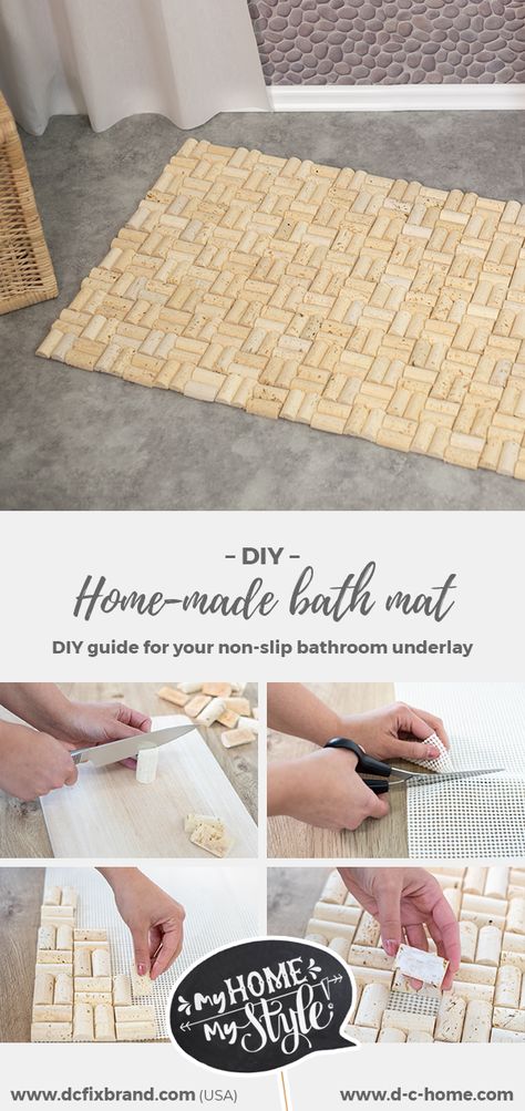 Make your own individual floor mat out of bottle corks and our Cromford anti-slip rug underlay! #upcycling #diy #dcfix #dchome Wine Cork Bath Mat Diy, Cork Mat Diy, Cork Bath Mat, Corks Crafts, Bath Mat Diy, Market Day Ideas, Wine Crafts, Homemade Rugs, Wine Cork Diy Crafts