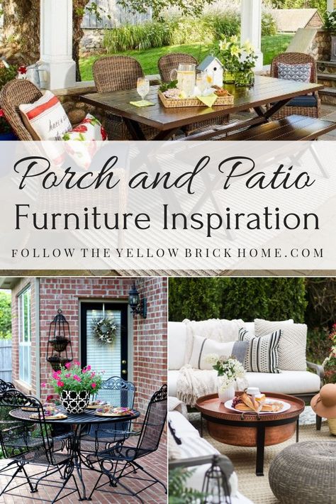 Porch And Patio Furniture Inspiration Tan Patio Furniture, Patio Furniture Inspiration, Front Porch Deck, Yellow Brick Home, Happy June, Porch And Patio, Deck And Patio, Sipping Tea, Patio Pool