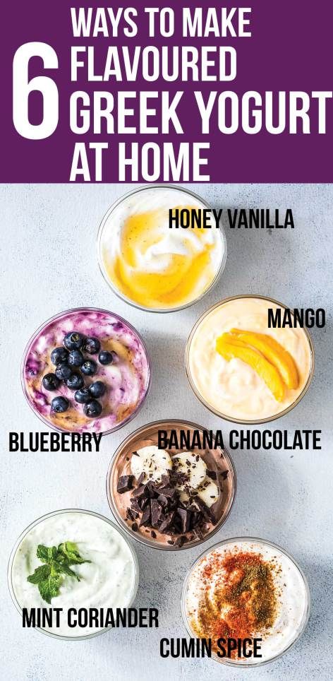 These six healthy Greek yogurt flavors are homemade and will become your breakfast buddies. Pick between honey vanilla, mango, blueberry, banana chocolate, mint coriander and cumin spice Greek yogurt or just make them all! No processed sugar, no fruit syr Greek Yogurt Recipes Healthy, Flavored Yogurt, Yogurt Recipes Healthy, Greek Yogurt Breakfast, Cumin Spice, Homemade Greek Yogurt, Greek Yogurt Flavors, Menu Sarapan Sehat, Fruit Recipes Healthy