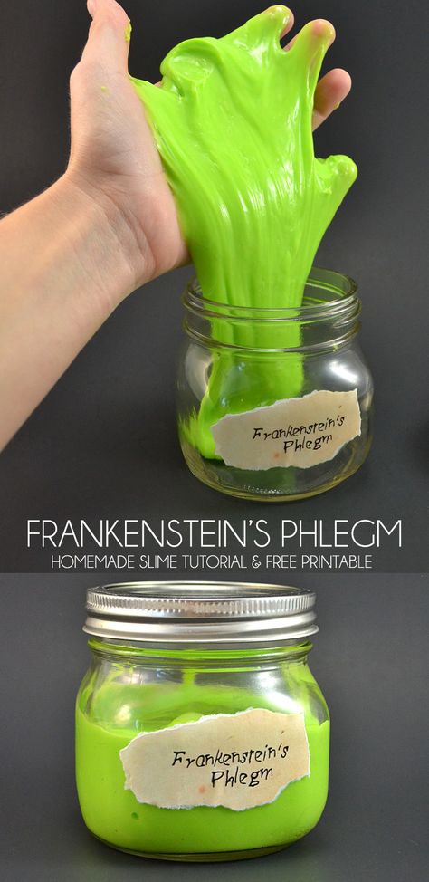 Ew! Frankenstein's phlegm! Super cute with the mad scientist-like label! Free printable and no fail slime tutorial. Thanksgiving Decorations For Kids, Frankenstein Party, Mad Scientist Halloween, Mad Scientist Birthday, Mad Science Party, Homemade Slime Recipe, Mad Scientist Party, Halloween Slime, Scientist Party