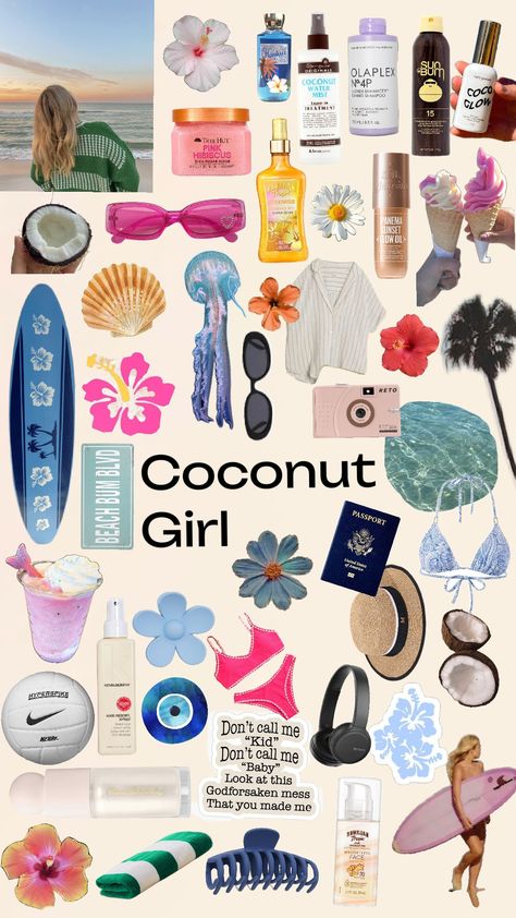 Coconut girl 🎀🖤✨ Coconut Girl Wishlist, Coconut Girl Essentials, Coconut Accessories, Beachy Y2k, Preppy Coconut Girl, Coconut Girl Aesthetic Outfits, Coconut Smell, Summer Phone Wallpapers, Summer Bag Essentials