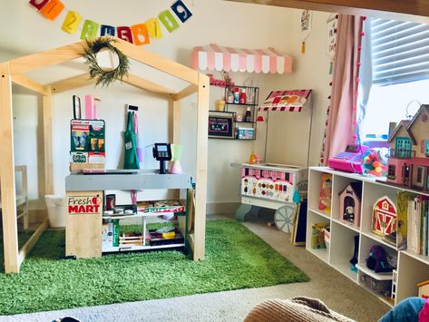 Melissa And Doug Playroom Ideas, Pretend Play Playroom Ideas, Melissa And Doug Playroom, Melissa And Doug Grocery Store Makeover, Target Playroom, Barbie Play Area, Kids Play Store, Stairs Playroom, Under Stairs Playroom