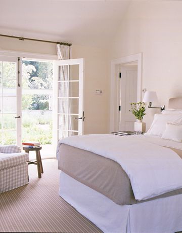 French doors open to the gardens outside from the bedroom and give the quiet sitting area a great view.   - CountryLiving.com Hampton Home, Bedroom Bliss, Design Blogs, French Doors Interior, Beautiful Bedrooms, Dream Bedroom, Bed Room, Country Life, Guest Bedroom