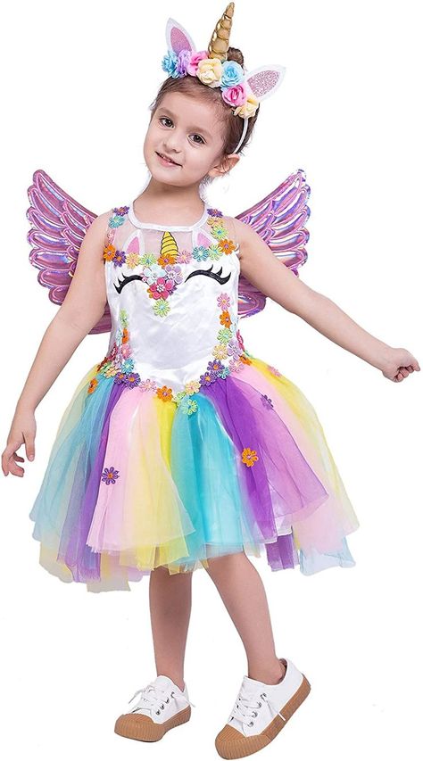 Fairy Costume Unicorn Princess Pageant Flower Girl Tutu Dress Rainbow Skirt with Headband and Wings for Kids #GirlTutuDress Girl Unicorn Costume, Princess Fancy Dress, Light Up Dresses, Tutu Dress Costumes, Unicorn Birthday Outfit, Winged Girl, Floral Rainbow, Rainbow Skirt, Unicorn Princess