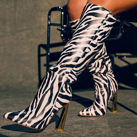 Zebra Print Boots, Spool Heels, Zebra Shoes, Black And White Heels, Spot Lights, High Heel Boots Knee, Spool Heel, Boot Print, Pointed Toe Boots