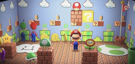 Animal Crossing Mario Ideas, Mario Acnh, Mario Bros Room, Acnh Fanart, Super Mario Room, Acnh House, Mario Room, Mario Theme, Acnh Clothes