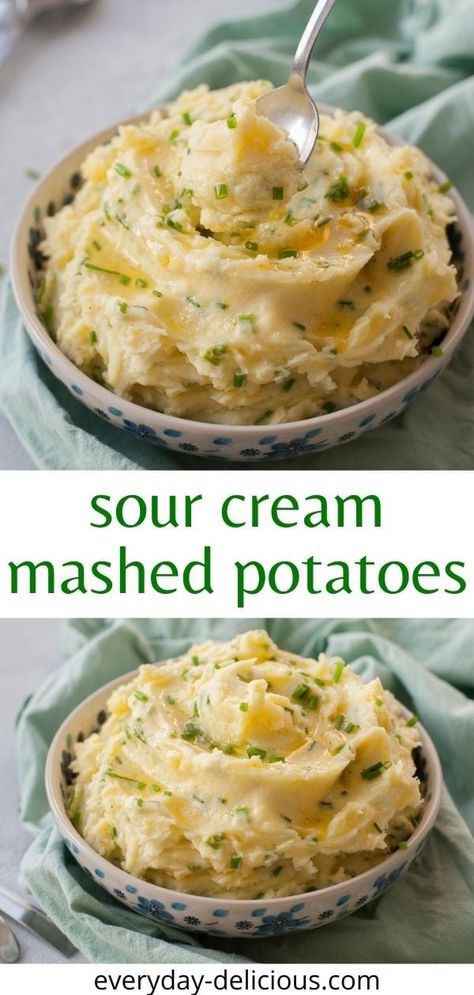 A great way to doctor up simple mashed potatoes is to add sour cream and chives to them. These sour cream mashed potatoes are creamy, rich, flavorful, and a little tangy thanks to the sour cream. Simple Mashed Potatoes, Cream Mashed Potatoes, Sour Cream Mashed Potatoes, Creamy Mashed Potatoes Recipe, Chives Recipe, Breaded Chicken Cutlets, Easy Mashed Potatoes, Best Thanksgiving Recipes, Side Dishes Recipes