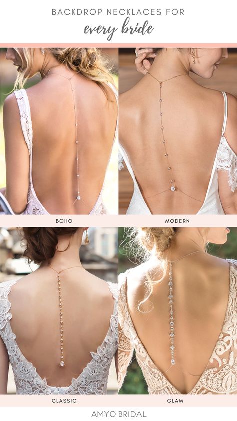 Different Back Drop Necklace Styles for every type of bride. Available in Sterling Silver, Gold Vermeil or Rose Gold Vermeil. Handmade with the best quality from NYC! Free Domestic Shipping. Back Necklace Wedding Dress, Silver Back Necklace, Wedding Back Jewellery, Wedding Back Necklace, Back Drop Necklaces, Bridal Back Jewelry, Wedding Dress Back Jewelry, Back Of Dress Ideas, Back Jewelry Wedding