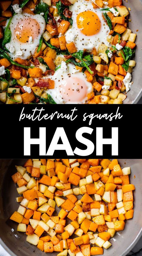 This Whole30 Butternut Squash Hash showcases the best produce fall has to offer, like squash and apples! Combined with eggs, bacon, and goat cheese, it’s the most comforting fall breakfast and always impresses at Sunday brunch. Butternut Squash And Eggs, Ham And Butternut Squash Recipes, Butternut Squash Hashbrowns, Breakfast Butternut Squash, Butternut Squash Breakfast Recipes, Whole30 Butternut Squash, Butternut Squash Breakfast, Butternut Squash Hash, Squash Breakfast