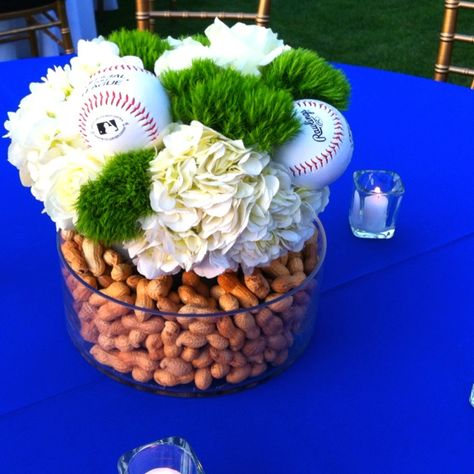 Sports Themed Wedding Reception, Baseball Party Centerpieces, Baseball Centerpiece, Baseball Banquet, Sports Party Centerpieces, Baseball Table, Sports Centerpieces, Baseball Fundraiser, Wide Vase