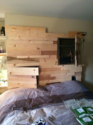 Wood Headboard Diy Hidden Storage, Hidden Restraint Headboard, Headboard With Hidden Storage, Over The Bed Shelf, Shelf Headboard, Hidden Shelves, Make A Headboard, Loft Conversion Bedroom, Diy Bed Headboard