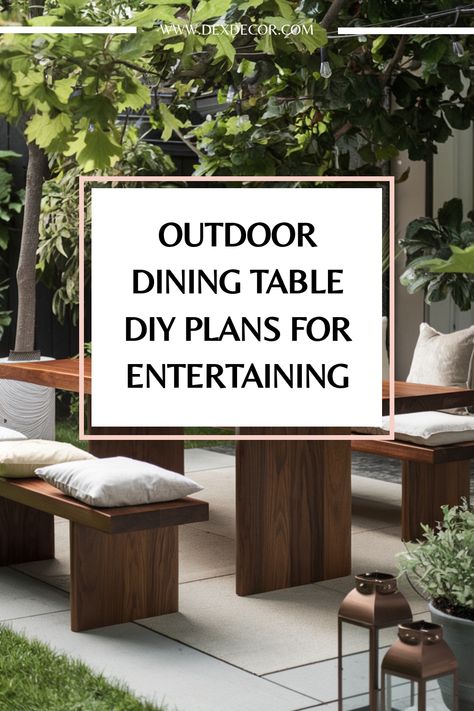 Outdoor dining table surrounded by benches and lush greenery. Dining Table Diy Plans, Diy Outdoor Table Dining, Outdoor Dining Table Diy, Dining Table Diy, Kitchen Flooring Trends, Kitchen Tile Inspiration, Ensuite Bathroom Designs, Build Outdoor Furniture, Industrial Chic Kitchen