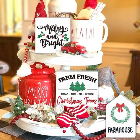 Christmas Tree Farm Decor, Tree Farm Decor, Rustic Home Kitchen, Kitchen Christmas Tree, Block Ornaments, Christmas Hot Chocolate Bar, Tiered Tray Decorations, Tiered Tray Stand, Tray Decor Christmas